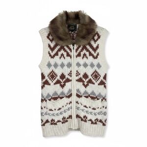 Frenchi Fair Isle Faux Fur Collar Knit Zip Up Vest Cream Brown Scandi Cottage